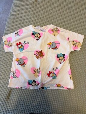 Zara White Kids Disney Tie-Front Tee with Pink Heart Print